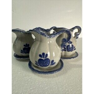 8pc LOOMCO Blue Spongeware Pitcher Tray Creamer Sugar  Pottery Flower Vintage